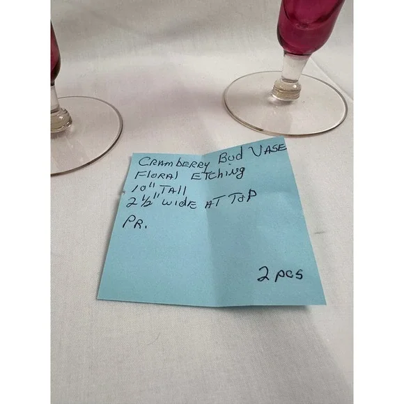 2 Vintage Ruby Red Glass Bud Handblown Vases Etched Floral Design - Picture 11 of 12